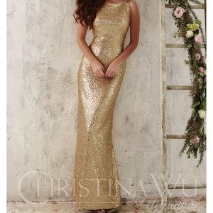 Christina Wu sequin bridesmaid dress in rose gold.